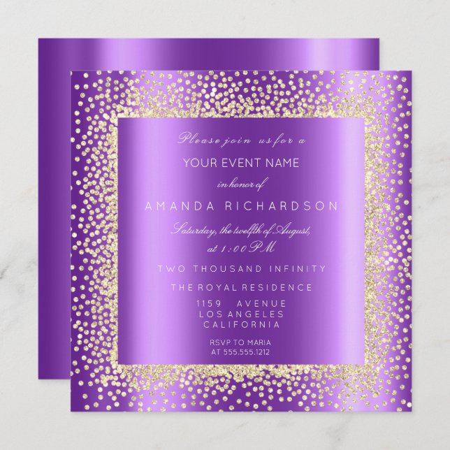 Krystal Champaigne Gold Glitter Confetti Purple Invitation (Front/Back)