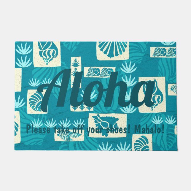 Kua Bay Hawaiian Undersea Shells Aloha Teal Doormat (Front)