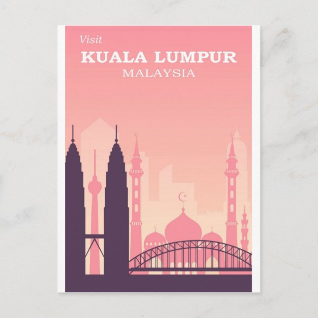 Kuala Lumpur Malaysia Pink Vintage Travel Poster Postcard (Front)