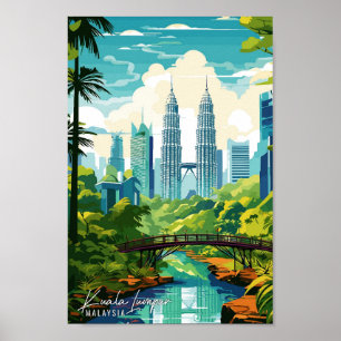 Kuala Lumpur Malaysia vintage travel illustration Poster