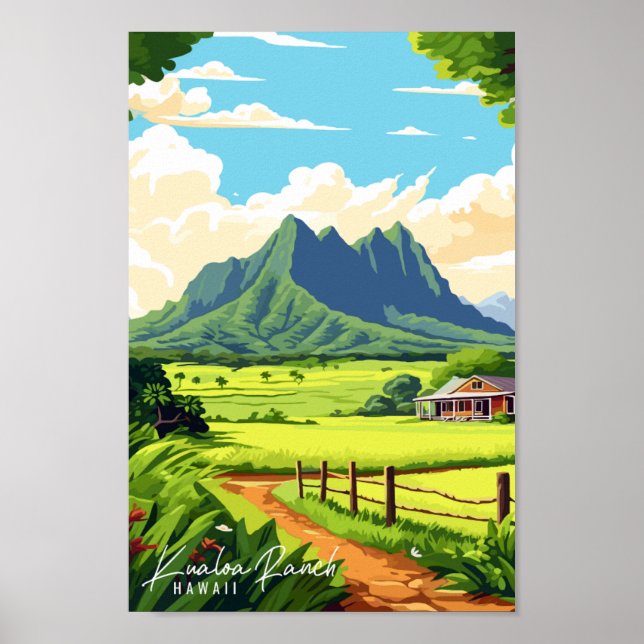 Kualoa Ranch Hawaii vintage travel illustration Poster (Front)