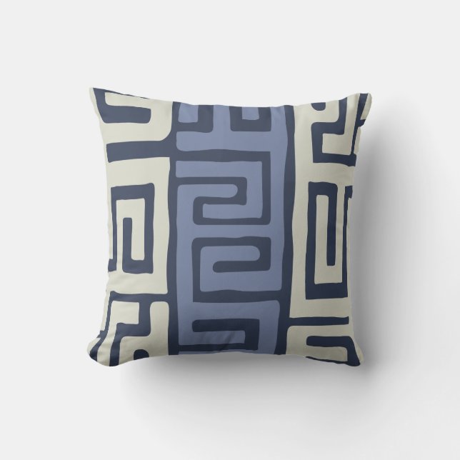 Kuba Cloth Inspired Cool Earth Colours Geometric Cushion (Front)