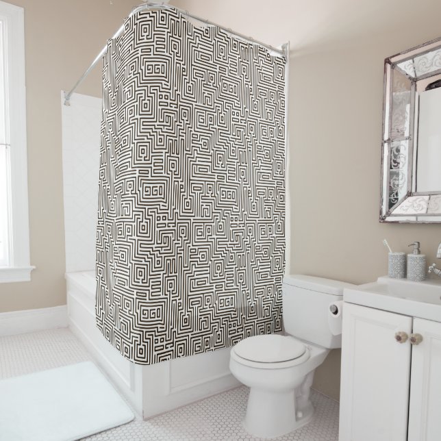 Kuba Maze Style 221019 - Dark Brown on White Shower Curtain (In Situ)