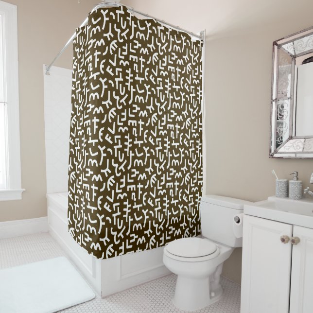 Kuba Style Pattern 121019 - White on Dark Brown Shower Curtain (In Situ)