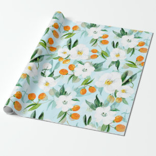 Kumquat Orchid Summer Fruit Pattern on Teal Wrapping Paper