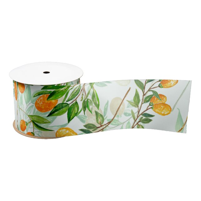 Kumquat Tropical Summer Fruit Pattern on Mint Satin Ribbon (Spool)