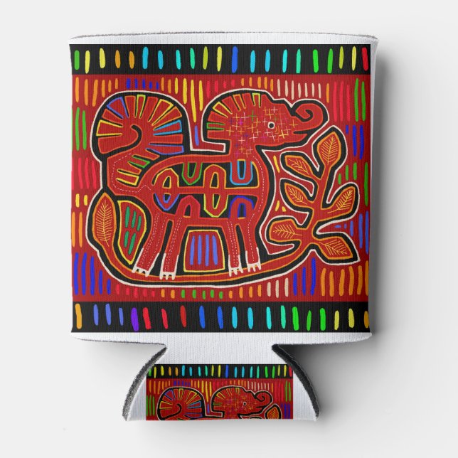 Kuna Indian Baby Elephant - Mola Folk Art Can Cooler (Front)