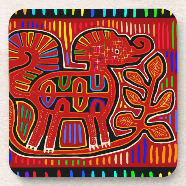 Kuna Indian Baby Elephant - Mola Folk Art Coaster (Front)