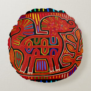 Kuna Indian Baby Elephant - Mola Folk Art Round Cushion