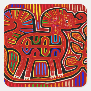 Kuna Indian Baby Elephant - Mola Folk Art Square Sticker
