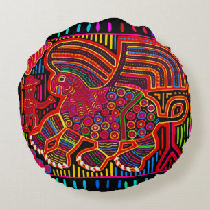 Kuna Indian Friendly Dragon Mola Round Cushion