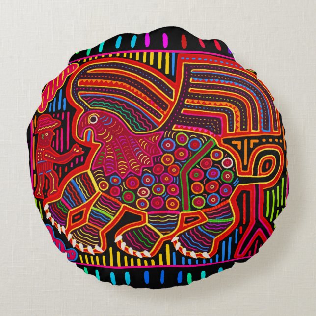 Kuna Indian Friendly Dragon Mola Round Cushion (Back)