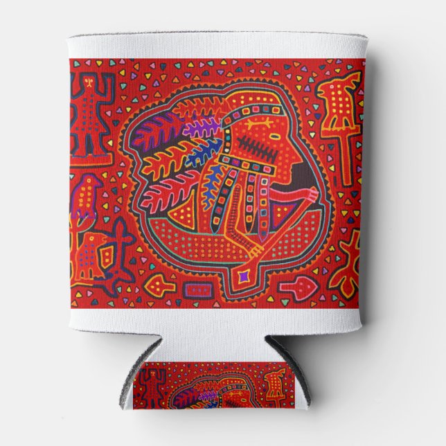 Kuna Indian Man in Canoe Can Cooler (Front)