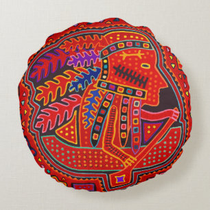Kuna Indian Man in Canoe Round Cushion