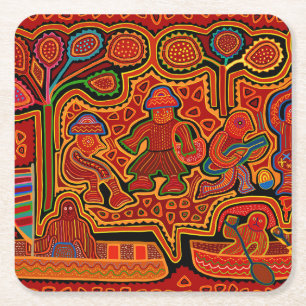 Kuna Indian Mola Men in Boats Square Paper Coaster