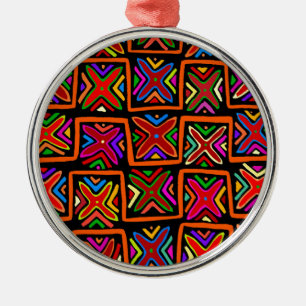 Kuna Indian Mola Tribal Checks - Red Metal Tree Decoration