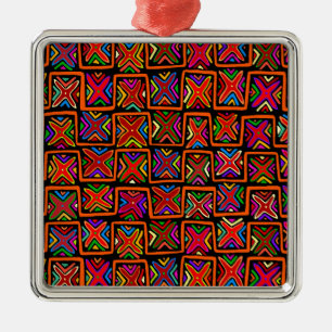 Kuna Indian Mola Tribal Checks - Red Metal Tree Decoration