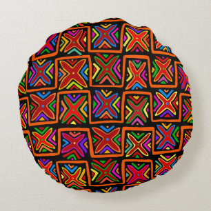 Kuna Indian Mola Tribal Checks - Red Round Cushion