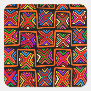 Kuna Indian Mola Tribal Checks - Red Square Sticker