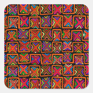 Kuna Indian Mola Tribal Checks - Red Square Sticker