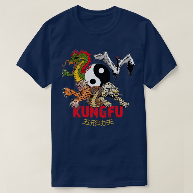 Kung Fu 5 Animals Forms Tiger Crane Leopard Snake  T-Shirt (Design Front)