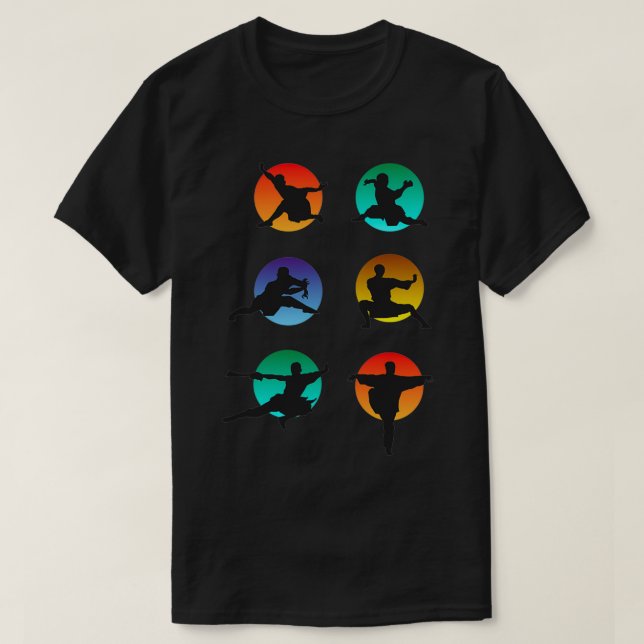 Kung Fu Fighters in colourful circle backgrounds T-Shirt (Design Front)