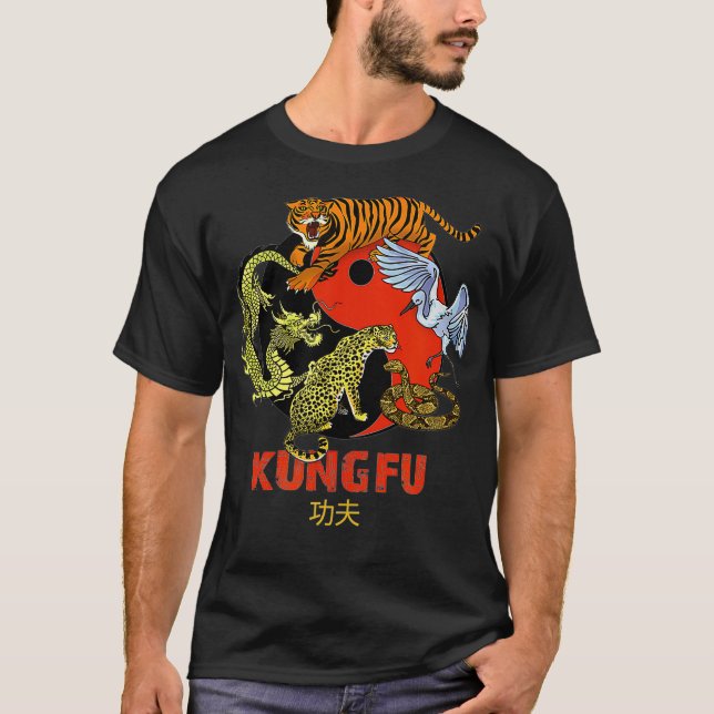 Kung Fu  Five Animals Forms Chinese Martial Arts T-Shirt (Front)