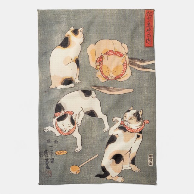 Kuniyoshi Four Cats Tea Towel (Vertical)
