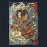 Kuniyoshi Samurai Kitchen Towel<br><div class="desc">Kuniyoshi Samurai kitchen towel. Ukiyo-e woodblock from Edo Period Japan. Utagawa Kuniyoshi designed some of the most vibrant and impressive samurai paintings of the Edo period. His depiction of Shimamura Danjo Takanori features the samurai in full armour wielding his naginata while riding the waves of the sea on the backs...</div>