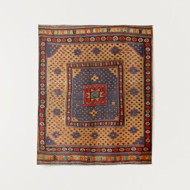 Kurdish Safreh Dark Tan Yellow Blue  Tapestry (Front)