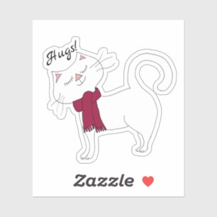 Kute Kitty White Cat Red Scarf Hugs Sticker