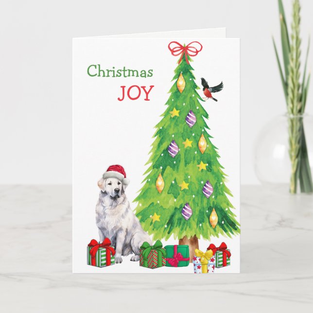 Kuvasz Dog, Bird and Christmas Tree Holiday Card (Front)