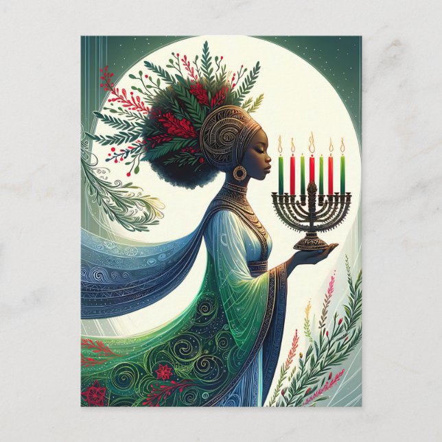 Kwanzaa Beautiful Woman with Kinara Holiday Postcard (Front)