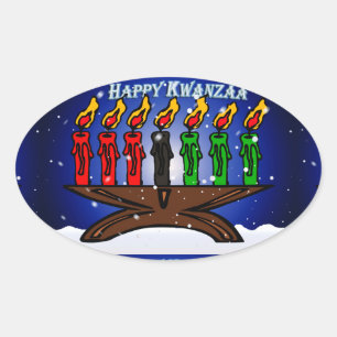 Kwanzaa Candle Kinara with Snow And Greeting Oval Sticker