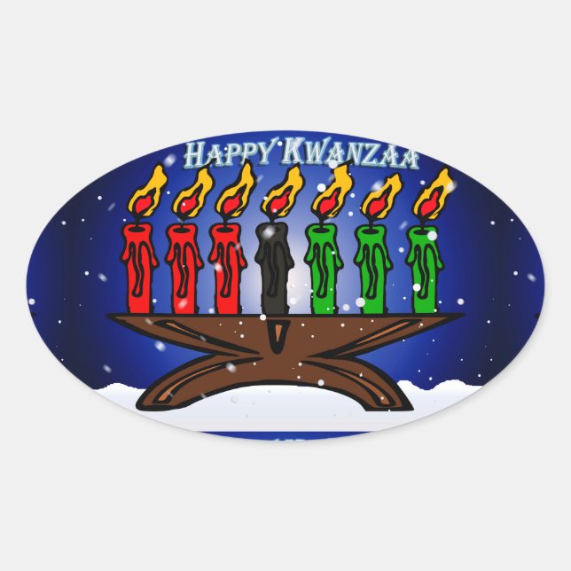 Kwanzaa Candle Kinara with Snow And Greeting Oval Sticker (Front)