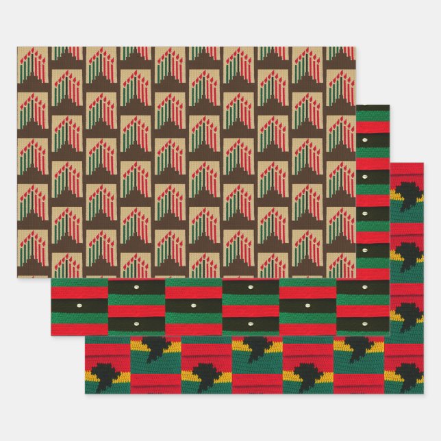Kwanzaa Candles Africa Map Artisan Crochet Print Wrapping Paper Sheet (Set)