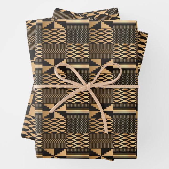  Kwanzaa Kente Print (Black/Gold) Wrapping Paper Sheet (In situ)