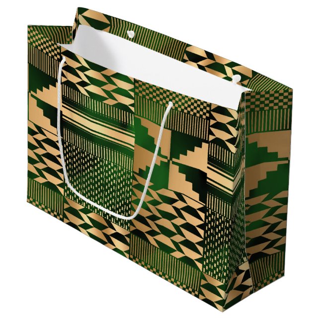 Kwanzaa Kente Print (Green/Gold) Large Gift Bag (Front Angled)