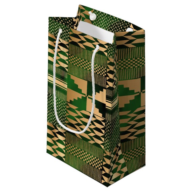 Kwanzaa Kente Print (Green/Gold) Small Gift Bag (Front Angled)