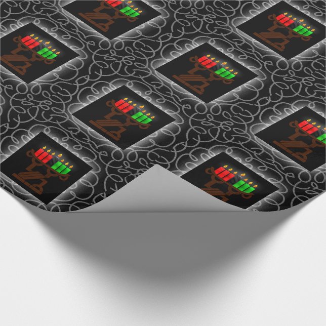 Kwanzaa Lit Kinara Candles with Black and Silver Wrapping Paper (Corner)