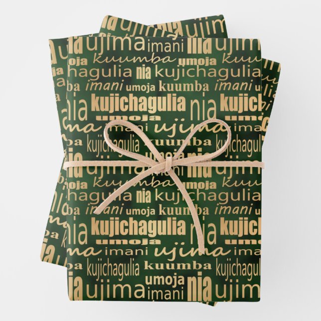 Kwanzaa Seven Principles(Green/Gold) Wrapping Paper Sheet (In situ)