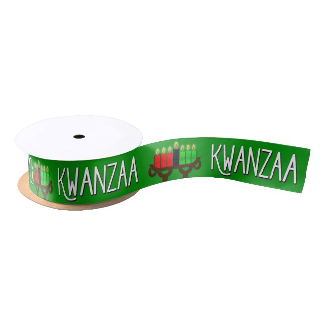 Kwanzaa with Lit Kinara Candles on Green Satin Ribbon (Spool)