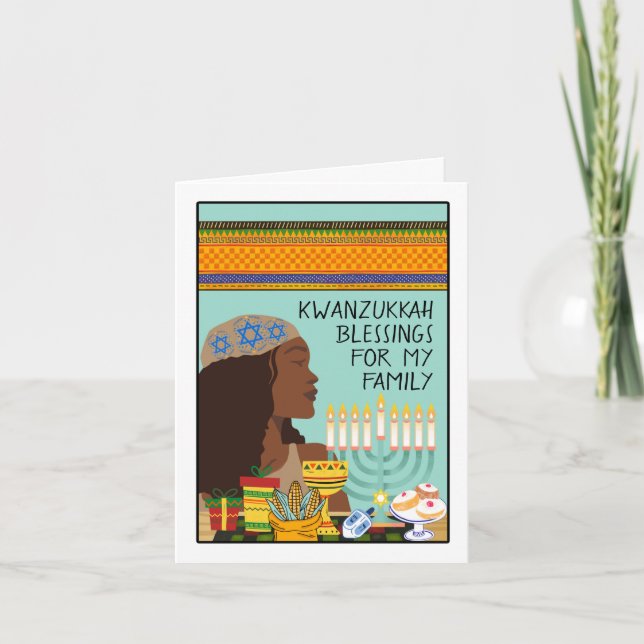 Kwanzukkah for Family with Menorah Symbols Gifts Card (Front)