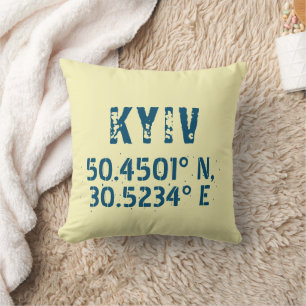 Kyiv Ukraine Latitude & Longitude Distressed  Cushion