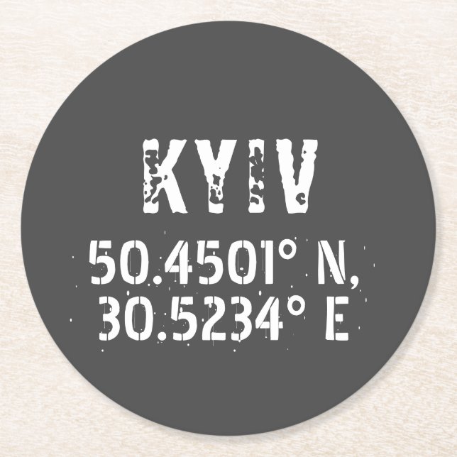 Kyiv Ukraine Latitude & Longitude Distressed  Round Paper Coaster (Front)