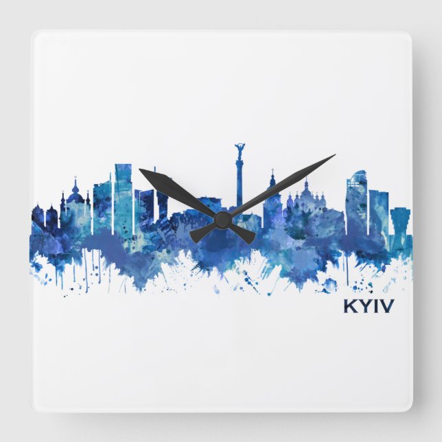 Kyiv Ukraine Skyline Blue Square Wall Clock (Front)