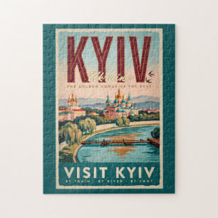 Kyiv Ukraine Skyline Illustration Travel Art Retro Jigsaw Puzzle