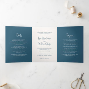 Kylee Blue Traditional Elegant Wedding Tri-Fold Invitation