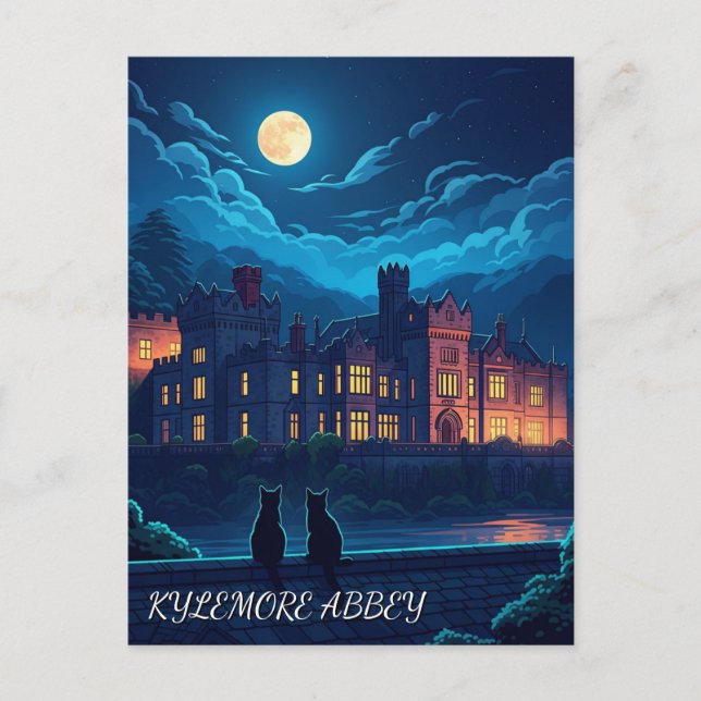 Kylemore Abbey Ireland cats at Night Postcard (Front)