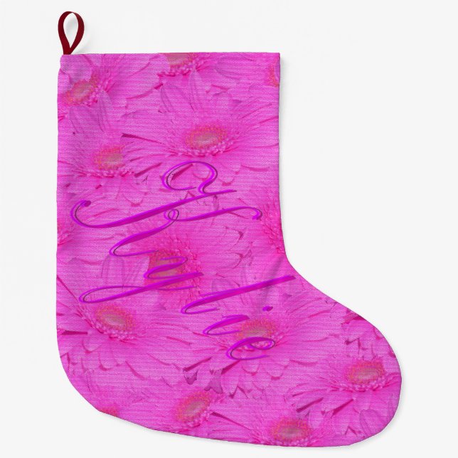 Kylie Name Logo On Pink Gerber Flowers, Large Christmas Stocking (Front)